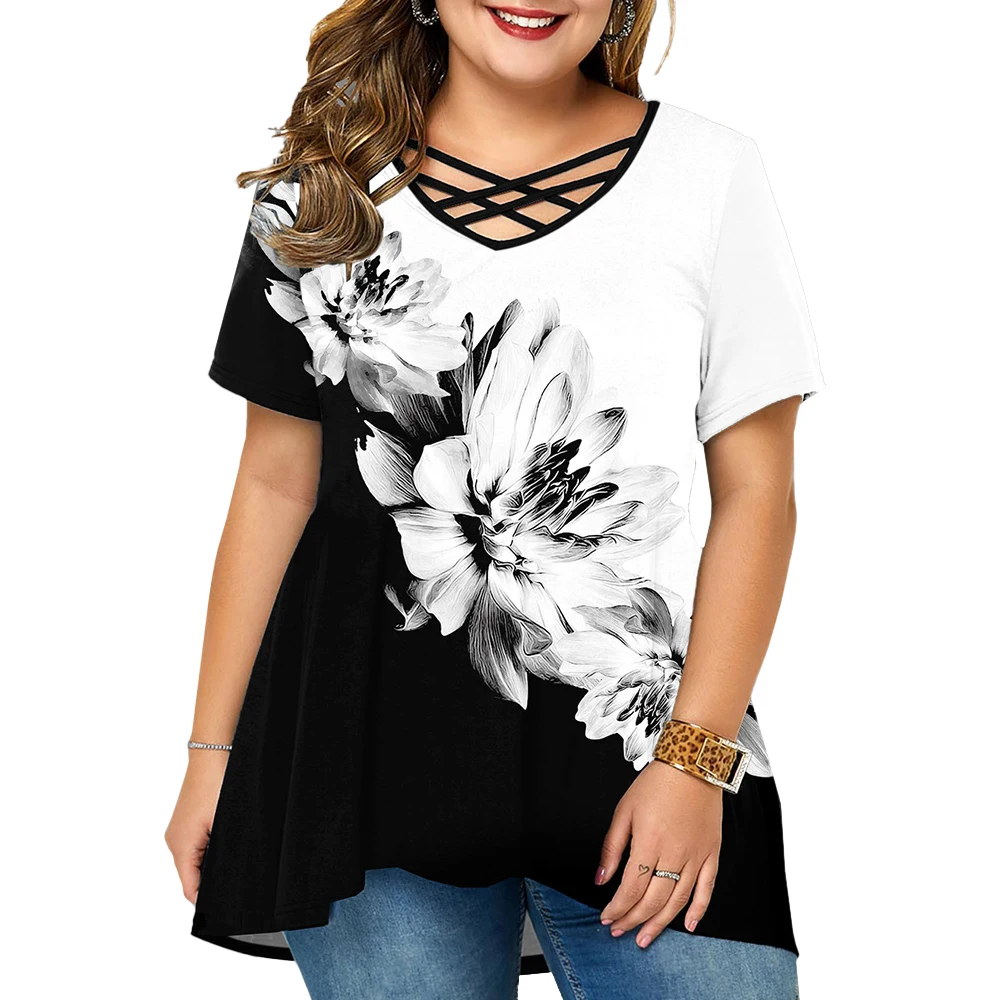 

Womens Plus Size T-Shirt Fashion Cross bandage Tops Floral Printed short sleeved Tee Shirts femme clothing elegantes para mujer