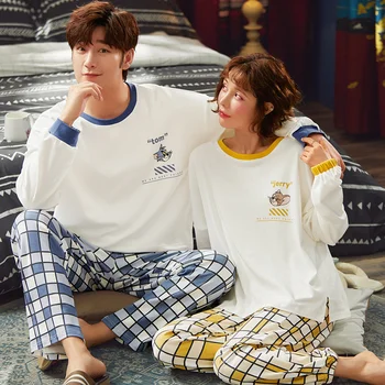 

6535 Cotton Summer Couples Lovers Jams O-Neck Cozy Boy Girl Sleepwear Nightwear Pyjamas HDE Pullover Short Sleeve Pants Pajama