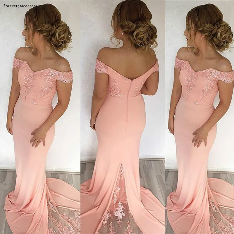 2018 New Mermaid Pink Bridesmaid Dresses Off Shoulder Applique Backless Long Maid of Honor Gowns Custom Made Prom Evening Dress Baby Shower  93