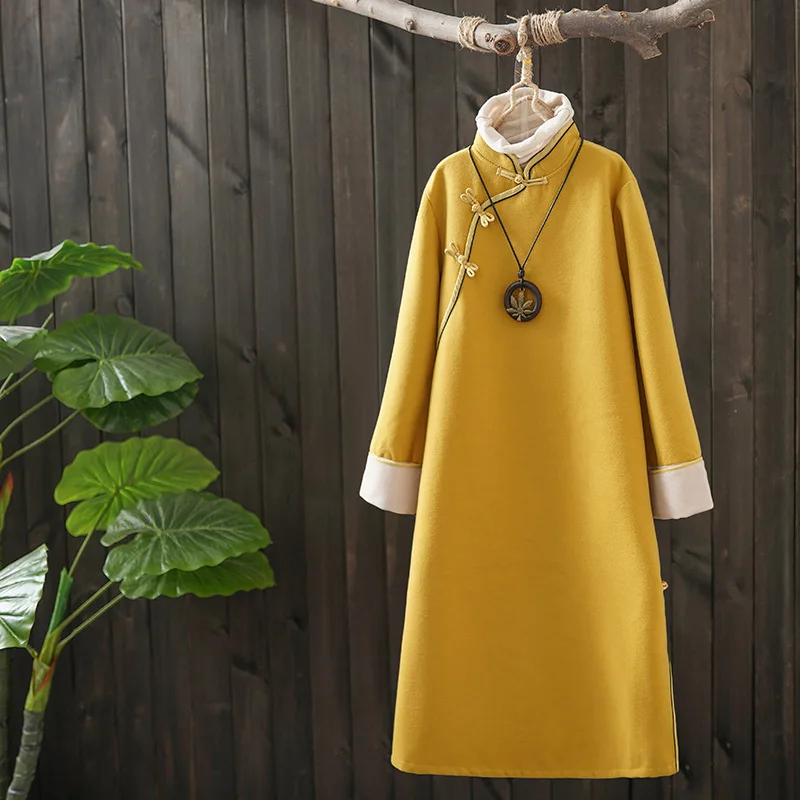 

2019 Autumn And Winter New Style Chinese Style Woolen Frog Improvement Stand Collar Robe Ethnic-Style Zen Thick Dress WOMEN'S Dr