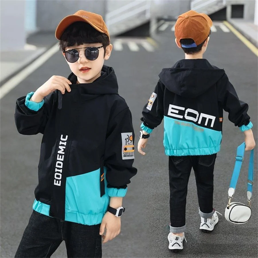 Children Boys Outwear New Spring Windproof Hooded letterJacket For 3-14 Yrs Kids Fashion Clothes