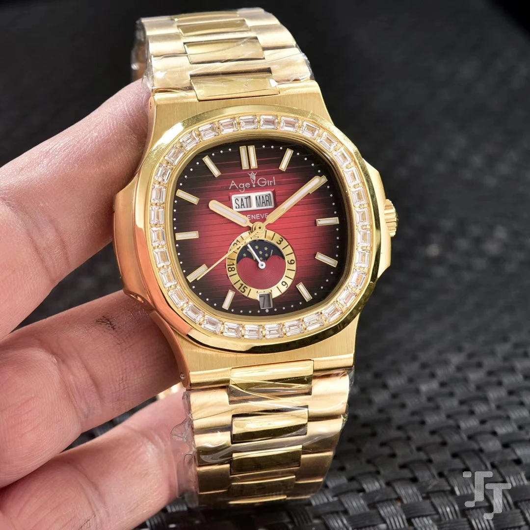 

Famous Brand New Men Automatic Mechanical Watch Stainless Steel Moonphase Daydate Sapphire Gold Diamond Bezel Dual Time Zone