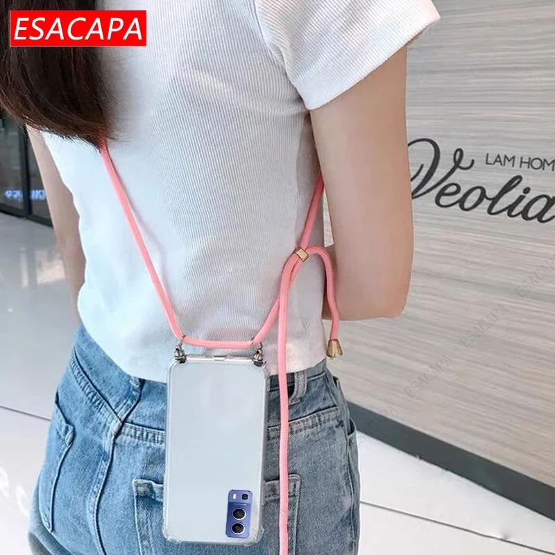 Shockproof Soft TPU Phone Case with Lanyard Neck Strap Cord - Transparent