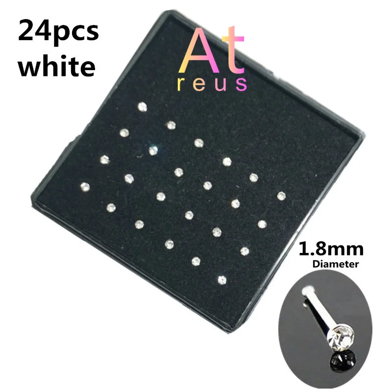 24pcs white 24 шт./компл. Сережка для пирсинга носа, хирургические Сталь Стразы Круглый нос кольцо из кости Стад пикантные тоннелей, бижутерия для пирсинга, индийский танец живота Танцы - Окраска металла: 24pcs white