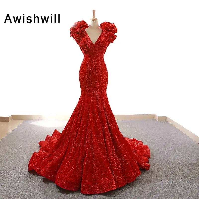 Новое поступление красное платье с блестками и Prom Dress Mermaid длинное кружевное платье с v-образным вырезом; с открытой спиной арабский дубайское вечернее платье Для женщин вечерние платья