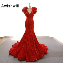 Новое поступление красное платье с блестками и Prom Dress Mermaid длинное кружевное платье с v-образным вырезом; с открытой спиной арабский дубайское вечернее платье Для женщин вечерние платья