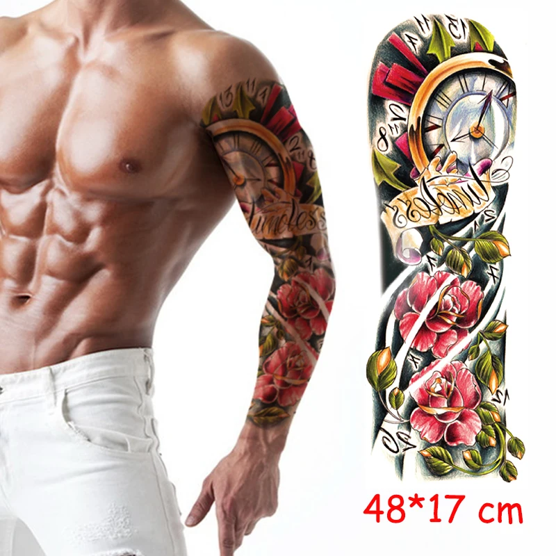 Водостойкая временная татуировка наклейка меч часы полная рука черные поддельные тату большого размера флэш-тату рукава татуировки для мужчин и женщин
