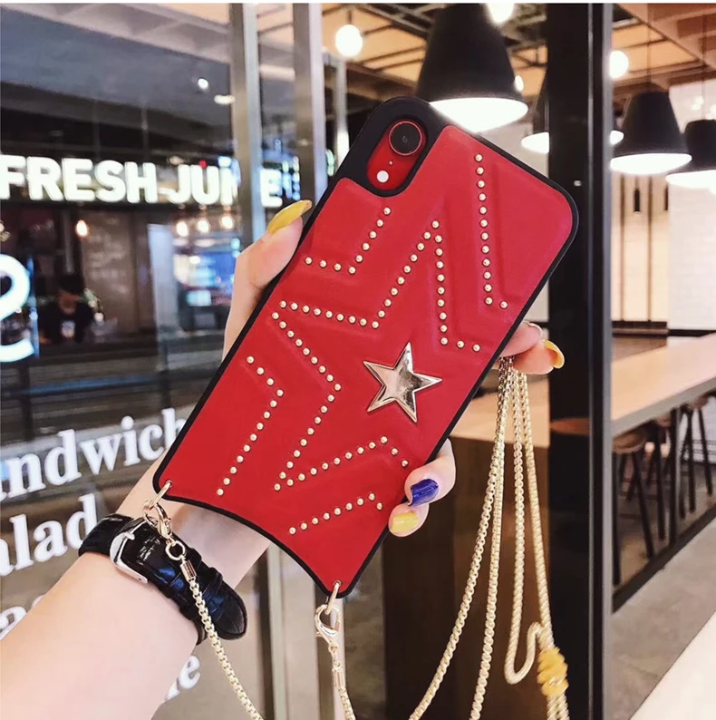Luxury Fashion Cool 3D Rivet Star Handbag Leather Case Cover With Long Metal Chain For Iphone 11 Pro XS Max XR X 8 7 6 6S Plus