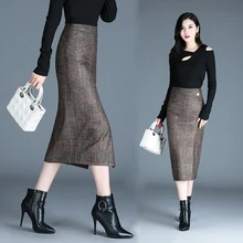 Осенняя и зимняя женская юбка с высокой талией, облегающая бедра, офисные длинные юбки, модная юбка с разрезом, шерстяная женская одежда размера плюс s