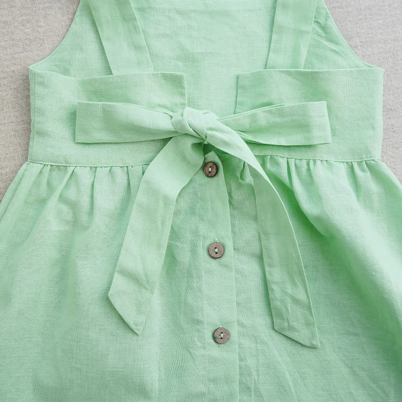 Kids Suspender Dress   Girls' Cotton And Linen Sleeveless with Adjustable Shoulder Straps Summer Casual Pocket Childs Back Button Bow tie Dresses for girl in Green