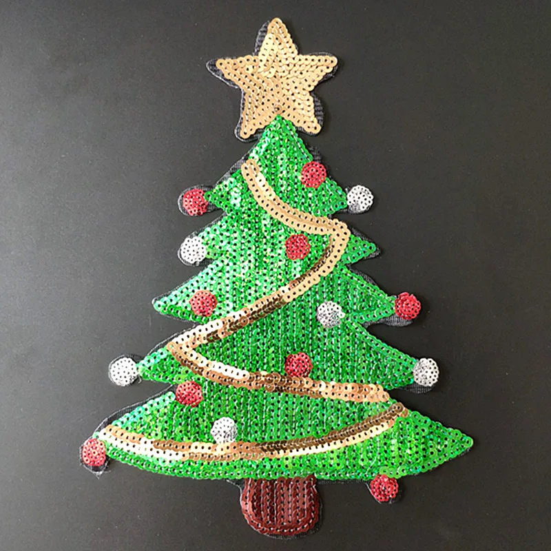 24CM Christmas Tree Patch Diy Clothes Stickers Green Sequins Large Biker Badge Iron On Patches For Clothing Strange Things