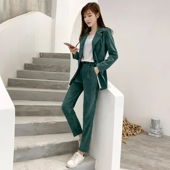

Women's suit 2019 autumn new fashion casual temperament corduroy solid color single buckle small suit trousers two-piece set