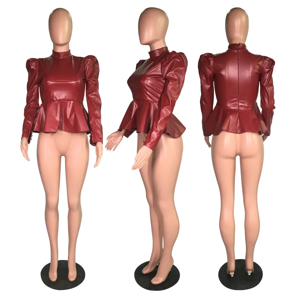 Adogirl Solid PU Leather Peplum Top 2019 Autumn Winter Turtleneck Long Puff Sleeve Fashion Casual Shirt with Belt Female Outfits Adogirl Solid PU Leather Peplum Top 2019 Autumn Winter Turtleneck Long Puff Sleeve Fashion Casual Shirt with Belt Female Outfits