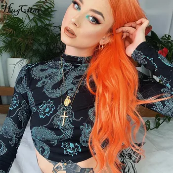 

Hugcitar 2020 long sleeve dragon print vintage crop tops summer women fashion backless bandage outfits T-shirts