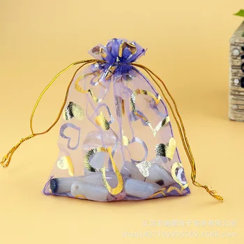

100pcs heart printing organza bags golden strings packaging colorful choose jewelry storage 7*9cm/9*12cm/11*16cm/13*18cm 4 size