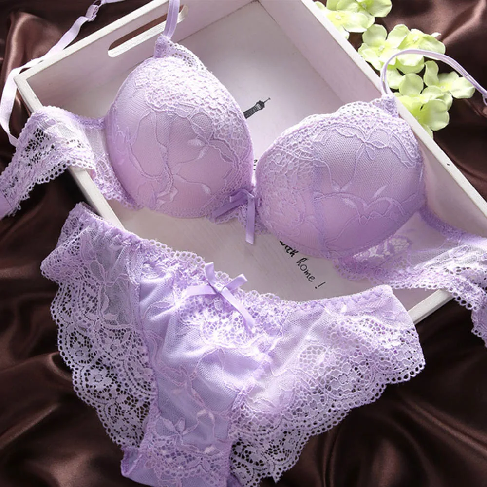 Bra and Panty Sets Women No Underwire Chest Gathered Lavender