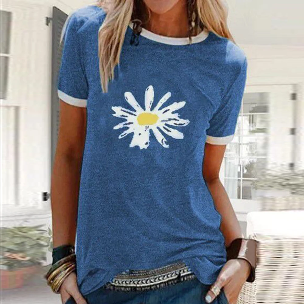 CYSINCOS Women Flower T-shirts Lady Fashion Short Sleeve Clothes Summer Shirt Top Tee O Neck Female Ladies Womens Tee T-Shirt