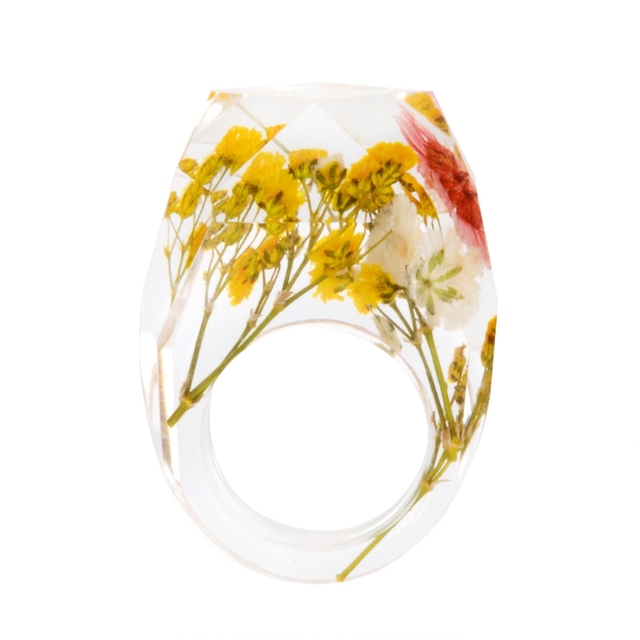 Transparent Forest Handmade Dried Flower Resin Ring Colorful Ink Pattern Scenery for Women Fashion Jewelry Ring