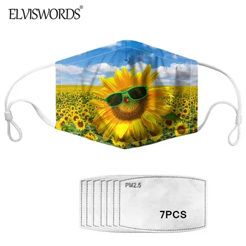

ELVISWORDS 3D Sunflowers Floral Print Women Mouth Mask With 7 pcs PM 2.5 Mask Activated Carbon Filter Dustproof Face Mask Masque