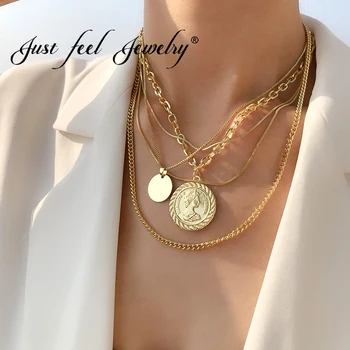 

JUST FEEL Multi-layer Vintage Coin Necklace For Women Fashion Metal Gold Color Link Chain Statement Necklace Punk Accessories