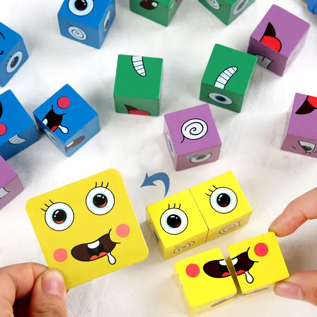 64 Pcs Cards of Emotion Change Blocks Educational Toys Wood Cube Table Games Expressions Puzzles Montessori Toys for Kids Gifts 5