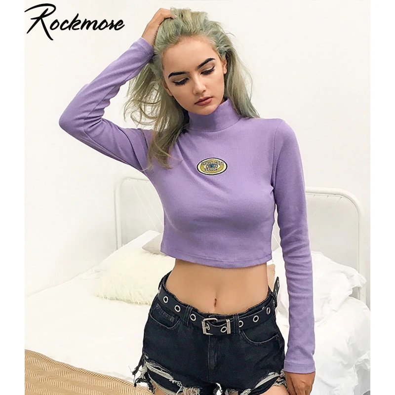 Rockmore Bodycon фиолетовая ребристая футболка Женская Harajuku вышитая Футболка с длинным рукавом Femme футболки хип хоп рубашки