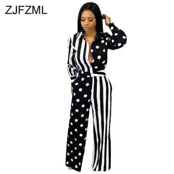 

Stripe Dot Printed Patchwork Long Sleeve Bodysuit Women Turn Down Collar Button Up Wide Leg Jumpsuit Causal Loose Long Playsuits