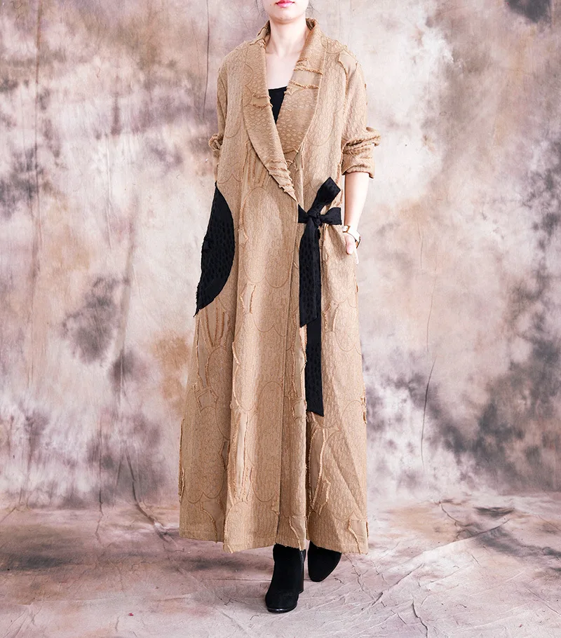 

19 Autumn New Products Origional Large Size Dress Fold-down Collar Jacquard Cotton Linen Trench Coat Joint Lace-up Elegant Coat