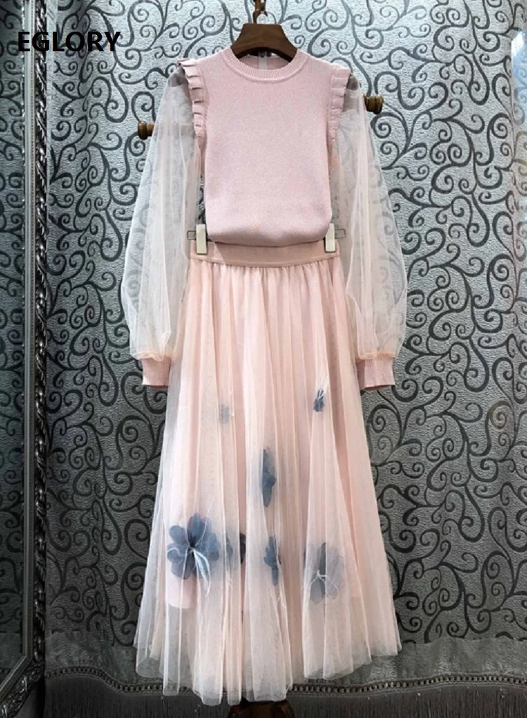 

Top Grade Designer Clothing Sets 2020 Spring Sweater Suits Women Sexy Sexy Sheer Mesh Patchwork Knitted Pullovers+Pink Skirt Set