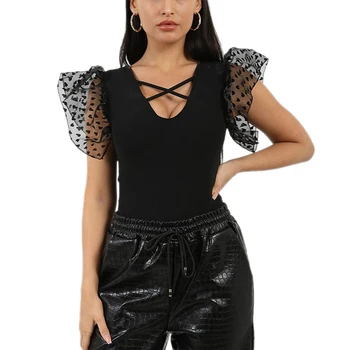 

Women Mesh See Through Fly Sleeve Patchwork Jumpsuit V-neck Heart Print Hollow Out Black Summer Bodycon Bodysuit