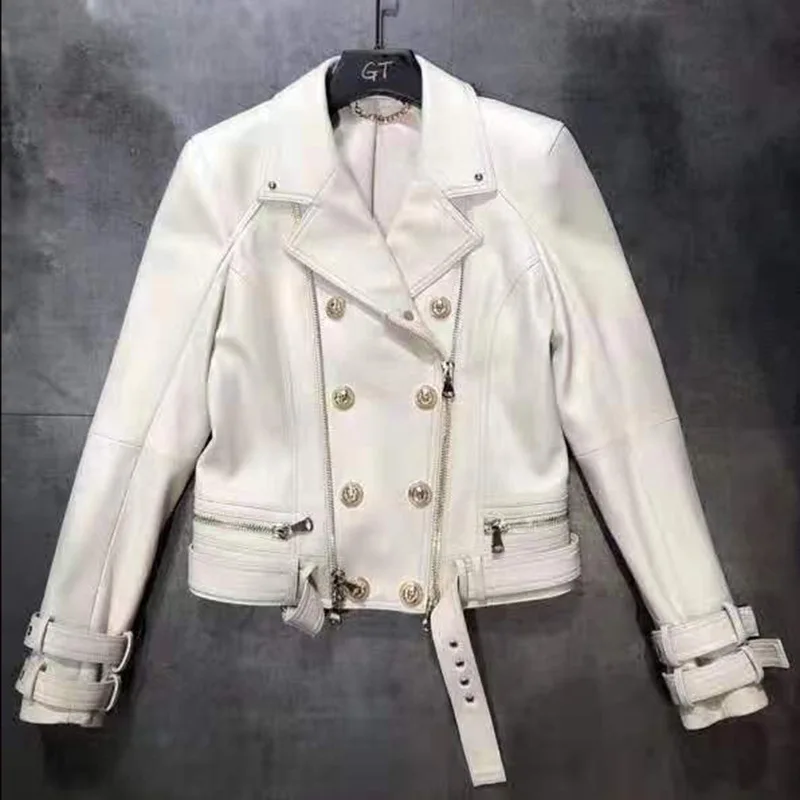 Высококачественная Женская куртка из натуральной кожи на молнии с поясом, байкерская куртка, уличная Женская куртка из натуральной овчины - Цвет: white