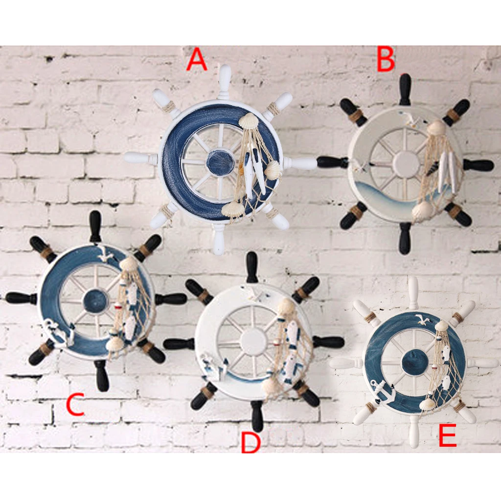 Wood Ship Wheel Nautical Seaside Wall Hanging Hook Nautical Door Plaque Signs for Home Garden Room Wall Decor Cafe Shop Ornament