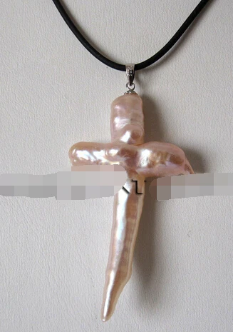 Jewelr 17.5&quot Peach Pink Cross Pendant Freshwater Pearl Necklace Black Rope | Украшения и аксессуары