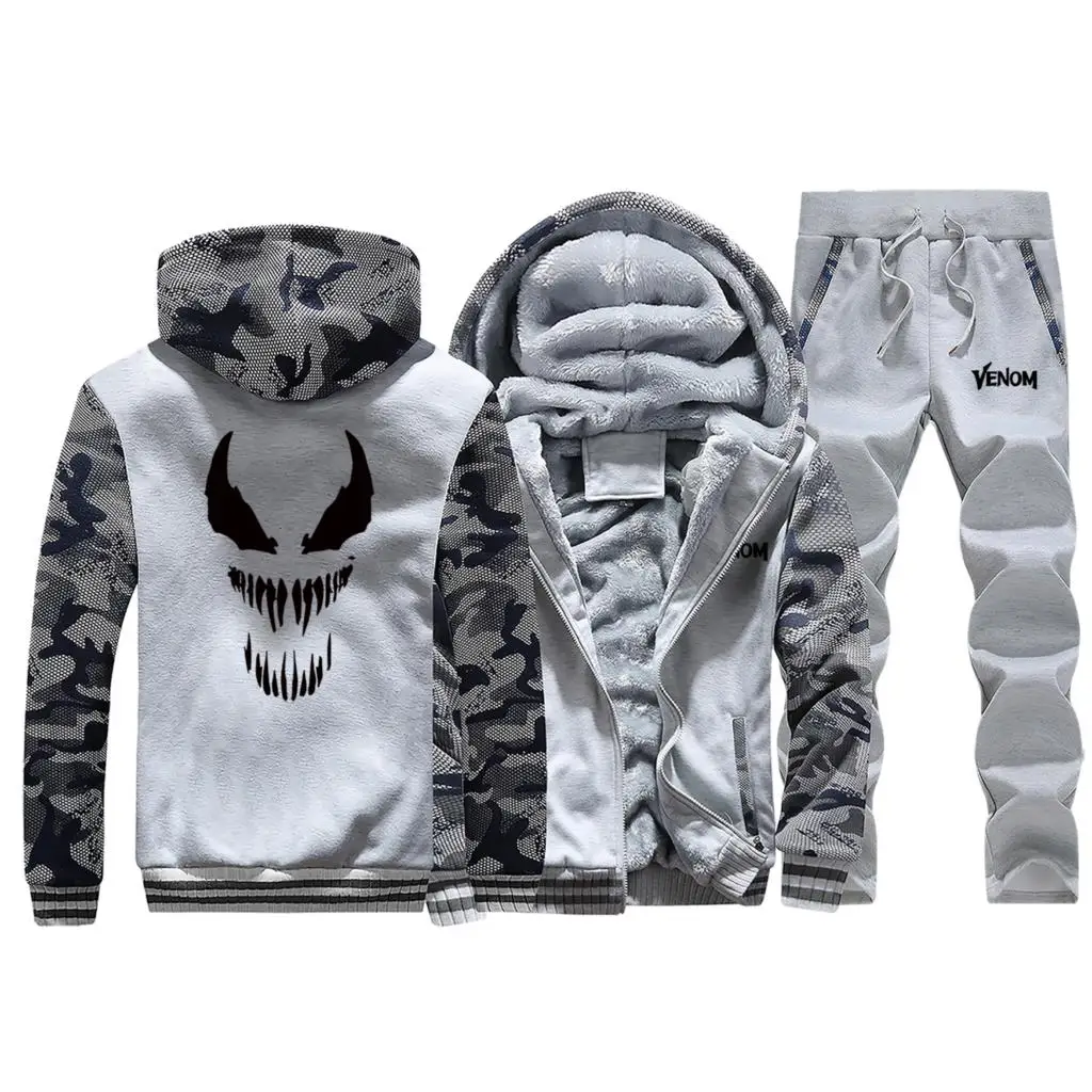 Спортивный Костюм Marvel, модный мужской спортивный костюм Venom, комплект из двух предметов, хлопковая флисовая Толстая Толстовка+ штаны, спортивный мужской костюм - Цвет: Light Gray 1