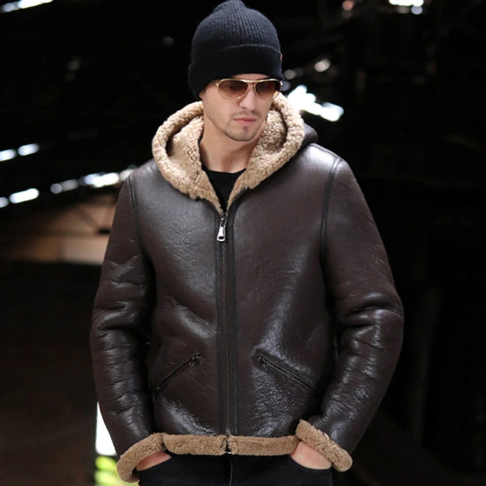 Sheepskin Men Coat in Grey  Shearling Jacket with fox fur