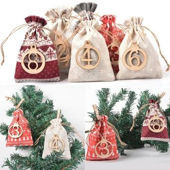 

24 Sets Hanging Christmas Drawstring Bags 1-24 Advent Calendar Tags Wooden Clips