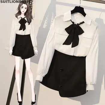 

Perfect Quality Plus Size Two Piece Set Women Bow White Elegant Blouse Zipper Black Irregular Short Skirt Ropa Mujer Skirt Set