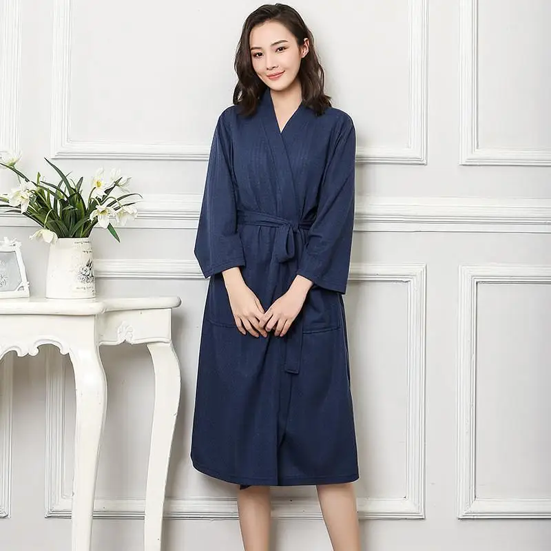 Вафельный хлопковый Халат, ночное белье для влюбленных, пижама, сексуальное повседневное свободное кимоно, халат, халат, мягкое, для отдыха, неглиже, домашний халат - Цвет: Navy Blue Women