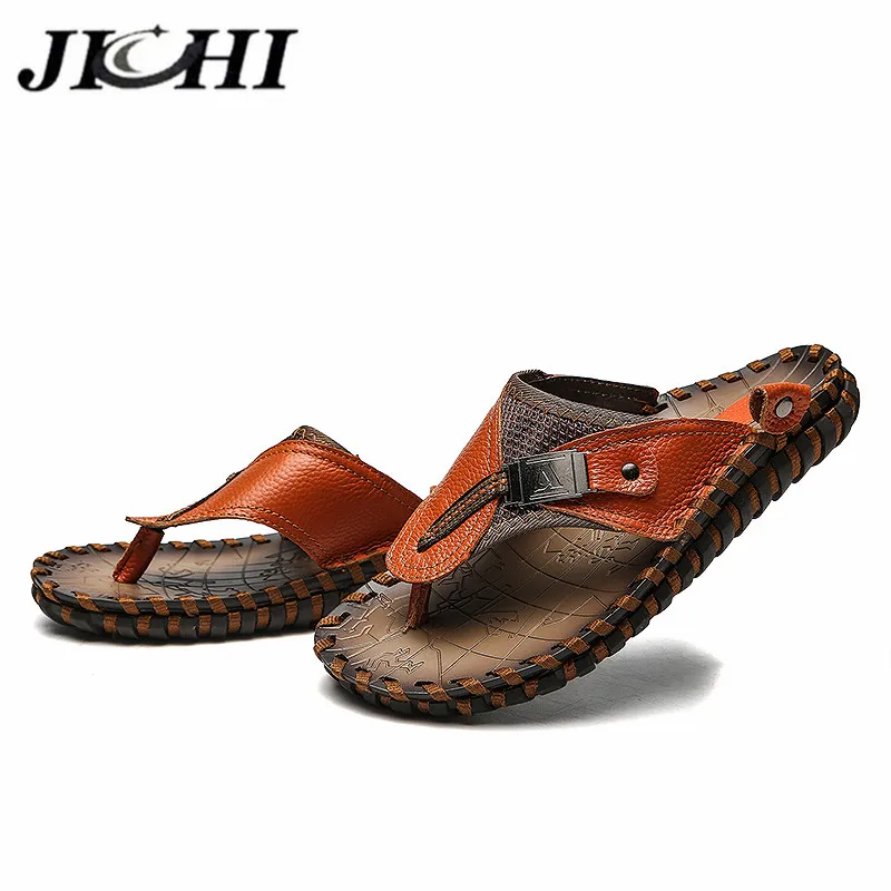 JICHI Brand Men Flip Flops Genuine Leather Summer Men Slippers Comfortable Beach Sandals Mens Casual Shoes Fashion Free Shipping