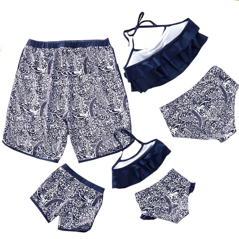

Family Swimsuit Mom and Daughter Swimsuit Blue Print Mommy and Me Swimming Suit Dad Son Kids Beach Shorts Baby Girl Swimsuit