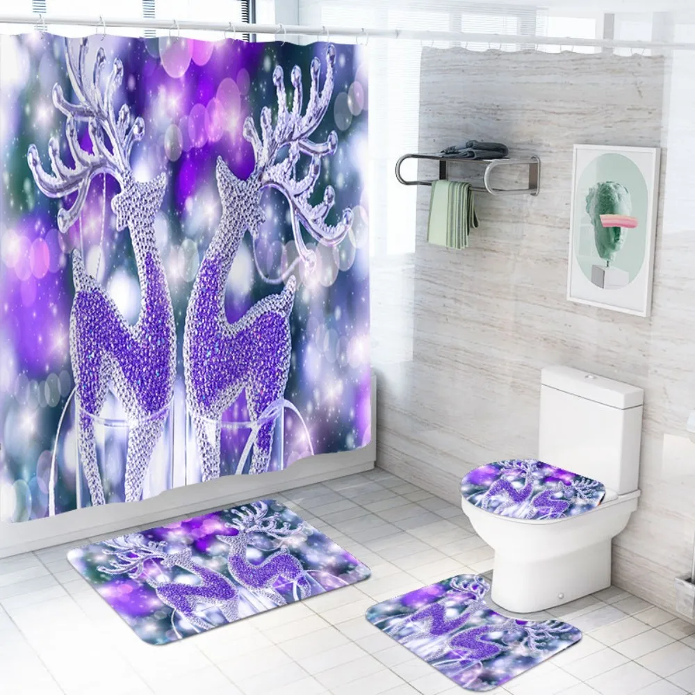 

Christmas Elk Couple Shower Curtain Sets Animals Purple White Polyester Fabric with Waterproof Non-Slip Design Bathroom Decor