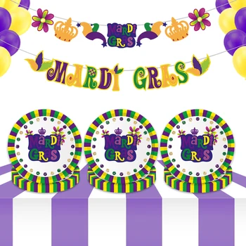 

24pcs 9inch Mardi Gras Theme Disposable Plates Party Decorations Mardi Gras Mask Disposable Tableware Sets Party Favors Supplies