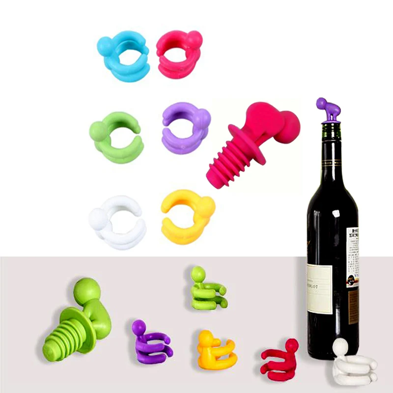 

7pcs/set Silicone Drunkard Champagne Wine Bottle Stopper with Glass Cup Marker Set Novelty wedding decoration