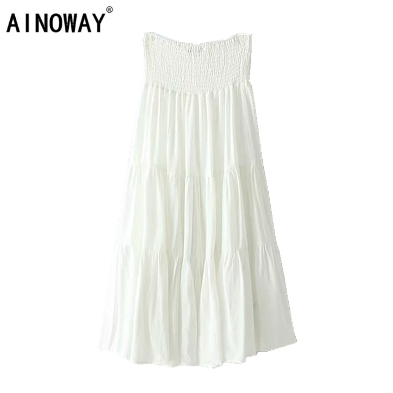 

Vintage chic fashion Hippie women white lace patchwork beach Bohemian skirt High Elastic Waist A-Line Boho Maxi Skirt Femme