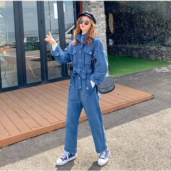 

2020 Women Korean Long Sleeve Vintage Corduroy Cargo Pants Jumpsuits Female Streetwear Hip Hop Loose Belt Overalls Trousers