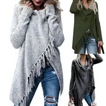 Горячая Женская однотонная Асимметричная шаль с длинными рукавами с кисточками вязаный свитер кардиган