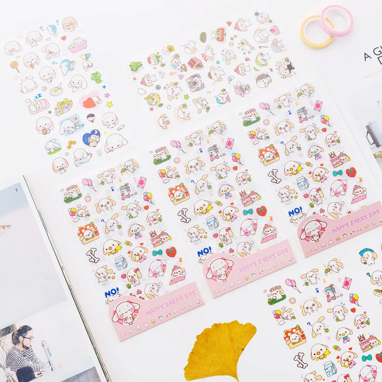 

6sheets/pack Creative Cute Transparent Big-eared Dog Hand Account Sticker Set Diary Diy Album Decoration Children's Stickers