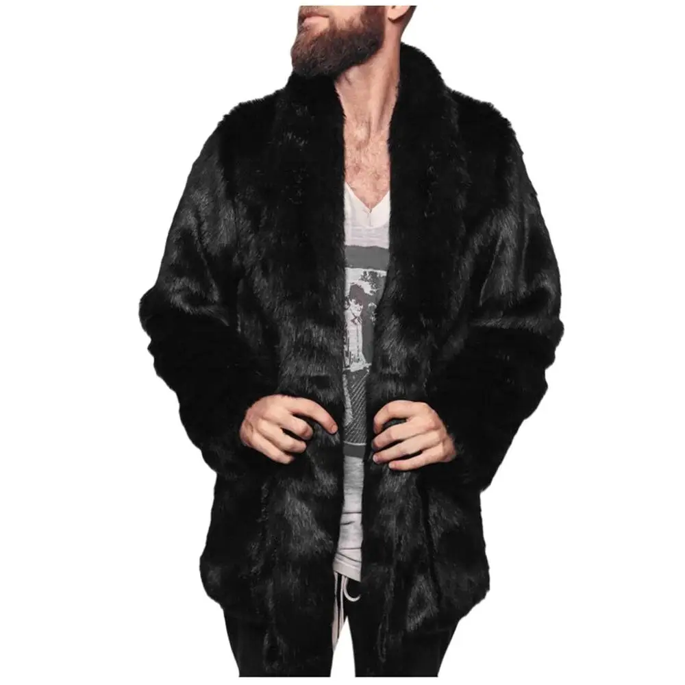 Winter Cardigan Mens Overcoat Warm Thick Faux Fur Coats With Hood Fur Parka Oversized Men Fur Overcoat Warm Faux Fur Jacket Men - Color: Black