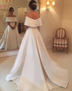 

A-Line Off The Shoulder Ivory Wedding Dresses 2019 Elegant Boat Neck Satin Long Bridal Gowns Off The Shoulder vestido de noiva