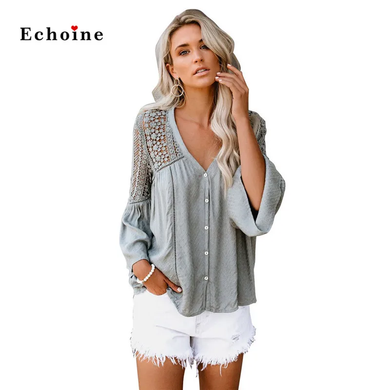 Echoine, Женская вязанная блуза, вышивка, пуговица, кружево, выдалбливают, длинный рукав, сексуальный v-образный вырез, модная женская рубашка, свободный крой, наряд